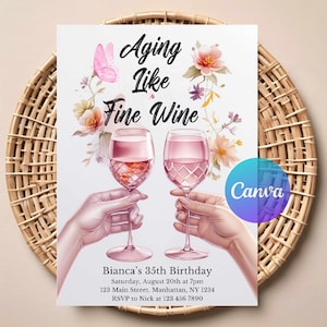 Altern wie guter Wein Geburtstagseinladung | Elegante Wein Motto Party einladen | Bearbeitbare digitale Vorlage | Sofortiger Download zum Ausdrucken