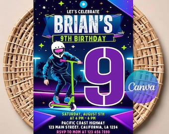 May include: A birthday invitation with a purple number 9 and the text "Brian's 9th Birthday". The invitation features a graphic of a person riding a scooter, with event details at the bottom.