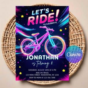 May include: A colourful birthday invitation with a pink bicycle and neon highlights on a dark blue backdrop. The text says "LET'S RIDE!" and "JONATHAN is turning 8." Includes date, time, and location details for the event.