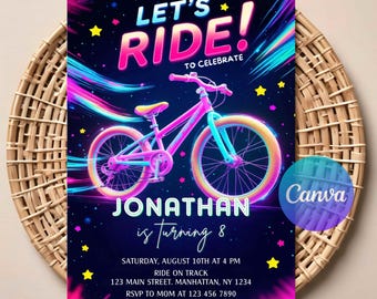 Mountain Bike Rainbow Birthday Invitation | Editable Digital Download | MTB Trail & Rainbow Party Invite | Printable Cycling Template