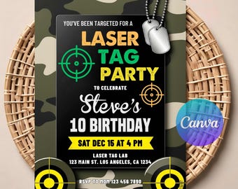 May include: A laser tag party invitation with a camouflage background. The invitation features the text "Laser Tag Party" and "Steve's 10 Birthday". Includes a target graphic and dog tags. The Canva logo is visible.