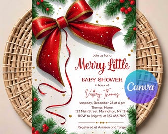 Op de afbeelding: Een uitnodiging voor een babyshower met een kerstthema. Het ontwerp toont een grote rode strik met gouden randen, dennentakken en rode bessen. De tekst luidt "Merry Little Baby Shower" en bevat evenementdetails.