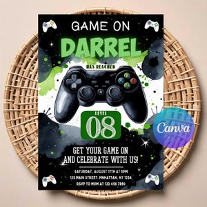 Invitación de cumpleaños de videojuegos para niños / Descarga digital editable / Invitación imprimible para fiesta de gamers / Tarjeta temática de videojuegos de nivel superior