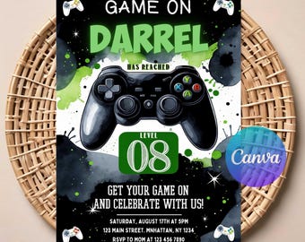 May include: A gaming-themed invitation with a black background, green accents, and a large black game controller. The text reads "GAME ON DARREL HAS REACHED LEVEL 08" and includes event details. The Canva logo is visible.