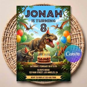 Könnte beinhalten: Eine farbenfrohe Geburtstagseinladung mit Dinosaurier-Motiv. Die Einladung enthält den Text "JONAH IS TURNING 8" mit Illustrationen von Dinosauriern, Luftballons und einer Geburtstagstorte. Weitere Details zur Party sind ebenfalls enthalten.
