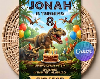 May include: A birthday invitation card featuring a T-Rex, a triceratops, and a stegosaurus wearing party hats in a jungle setting. The text reads JONAH IS TURNING 8, SATURDAY, FEBRUARY 10 AT 5 PM, OLVER'S HOUSE, 123 MAIN STREET, LOS ANGELES, CA.