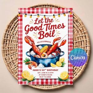 Convite de aniversário com frutos do mar para adultos | Convite digital editável | Festa de caranguejo cozido | Convite para festa de lagosta | Download instantâneo para impressão Canva