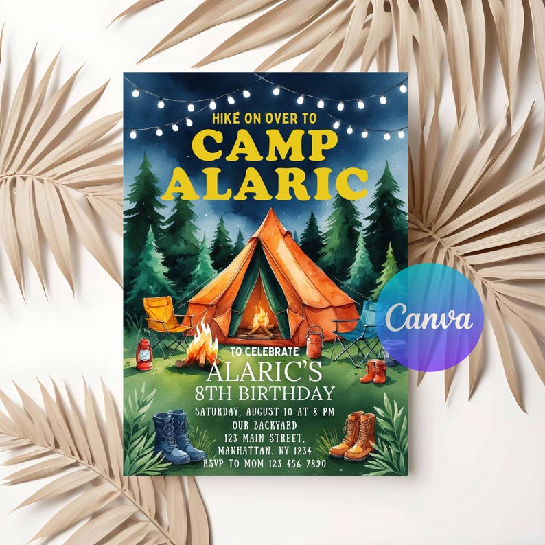 May include: Camp Alaric birthday invitation with a watercolor illustration of a campsite. The invitation features a tent, campfire, and text that reads "Hike on over to Camp Alaric" and details for the 8th birthday celebration.