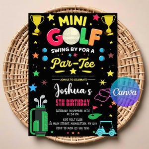 Invitación de cumpleaños de minigolf para niños / Descarga digital editable / Invitación imprimible para fiesta de minigolf / Tarjeta de cumpleaños con temática de golf / Canva