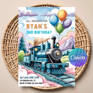 May include: A watercolor-style birthday invitation featuring a blue train on tracks, with colorful balloons and the text "ALL ABOARD FOR RYAN'S 2ND BIRTHDAY." The invitation includes date, time, and location details.