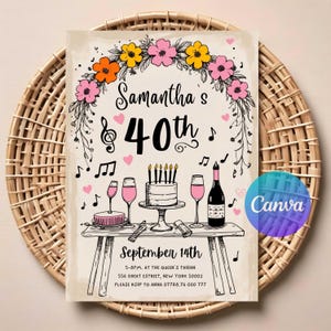 Faire-part modifiable 40e 50e 60e anniversaire, faire-part d'anniversaire pour adulte, faire-part d'anniversaire dessiné à la main, fête d'invitation d'anniversaire personnalisée