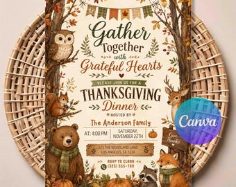 Woodland Thanksgiving Invitation - Rustic Forest Fall Dinner Party, Editable Canva Template Invite, Instant Download.