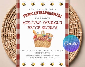 Picnic Birthday Invitation Template, Summer Picnic Party Invite, Outdoor Picnic Birthday Printable, Editable Kids Picnic Celebration Invite.