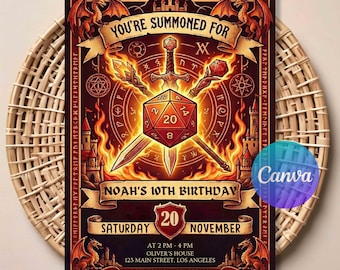 Invitación de cumpleaños de D&D: invitación digital para fiesta de TTRPG de mazmorras y dragones, plantilla editable con temática de fantasía, descarga instantánea.