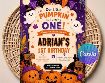 Our Little Pumpkin Halloween 1st Birthday Invitation - Halloween Party Digital Invite, Editable Canva Template, 1st Birthday Invitation.