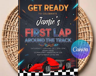 Race Car 1st Birthday Invitation, Race Car Theme First Birthday Invite, Editable Racing Birthday Invitation Template for Boys