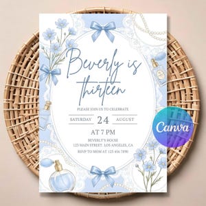 May include: A pale blue invitation card with the text "Beverly is thirteen". The card features floral and bow illustrations, perfume bottle graphics, and lace details. The invitation includes the date, time, and location of the event.
