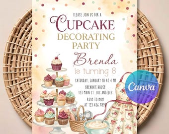 Cupcake Decorating Party Invitation, Kids Cooking Birthday Invite, Girl Chef Baking Party, Printable Editable Template, Digital Download.