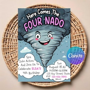 Invito di compleanno Four-nado / Download digitale modificabile / Invito stampabile per la festa del 4° compleanno / Tema meteo tornado per bambini