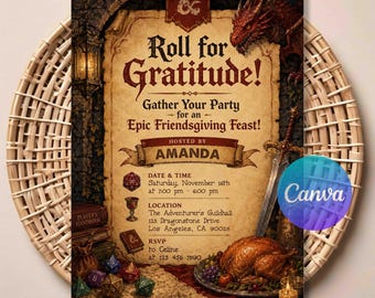 DnD Friendsgiving Invitation - Dungeons & Dragons Thanksgiving Party Invite, Editable Canva Template