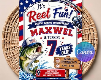 Fishing Birthday Invitation - Patriotic American Flag 4th of July Party, Summer Digital Invite, Reel Fun Birthday, Instant Download.