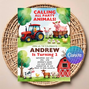 Invitación de cumpleaños de granja para niños / Invitación editable para fiesta en el granero / Cumpleaños en el zoológico de mascotas / Fiesta de cumpleaños en el granero rojo / Descarga instantánea