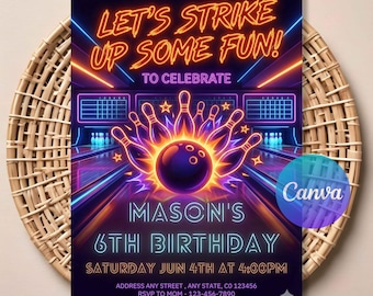 Bowling Party Invitation Editable, Kids Bowling Birthday Invite, Let’s Strike Up Some Fun, Printable Bowling Birthday Invitation Template