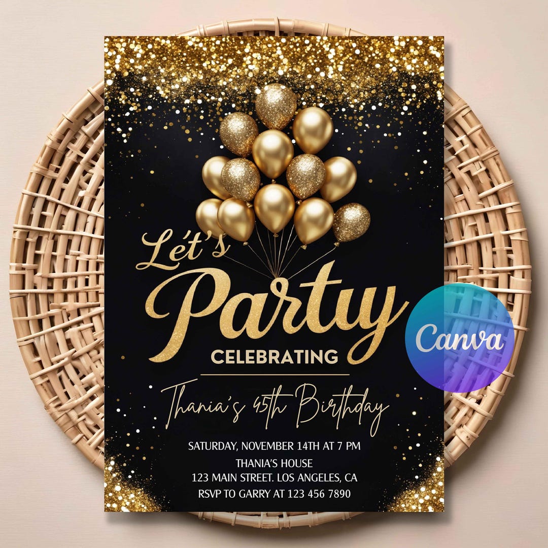 Black and Gold Birthday Invitation | Let’s Party Gold Balloons Invite ...