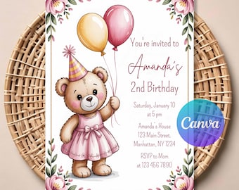 Cute Teddy Bear Birthday Invitation, Boho Bear Picnic Summer Invite, Girl Teddy Bear Party Printable, Editable Baby Birthday Template