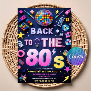 Faire-part d'anniversaire des années 80 pour adultes | Faire-part numérique modifiable | Thème rétro des années 80 | Anniversaire années 80 néon | Téléchargement instantané