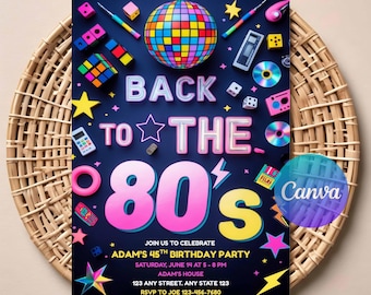 80s Birthday Invitation for Adults | Editable Digital Party Invite | Retro 1980s Theme | Neon Eighties Birthday | Instant Download