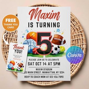Sports Birthday Invitation | Editable Digital Download | Printable All-Star Party Invite | Multi-Sport Theme Birthday Card for Kids