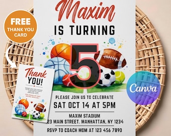 Sports Birthday Invitation | Editable Digital Download | Printable All-Star Party Invite | Multi-Sport Theme Birthday Card for Kids