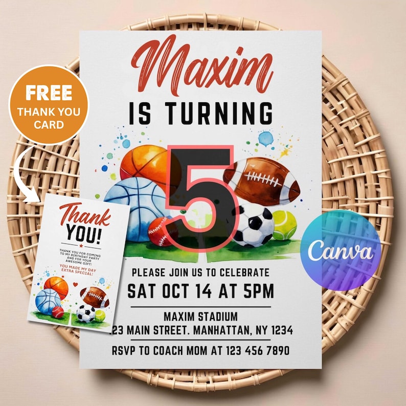 Sports Birthday Invitation | Editable Digital Download | Printable All-Star Party Invite | Multi-Sport Theme Birthday Card for Kids image 1