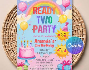 Ready Two Party Invitation, Girl 2nd Birthday Invite, Retro Spring Birthday Party, Printable Second Birthday Invitation Template