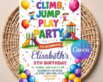 Playground Birthday Invitation for Kids | Editable Digital Download | Printable Park Party Invite | Climb, Jump & Play Theme Card | Canva