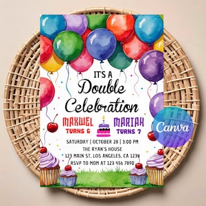 Siblings Double Birthday Invitation | Editable Digital Download | Joint Party Invite for Brother & Sister | Printable Template | Canva Edit