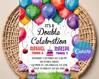 Invito per doppio compleanno tra fratelli / Download digitale modificabile / Invito per festa congiunta per fratello e sorella / Modello stampabile / Canva Edit