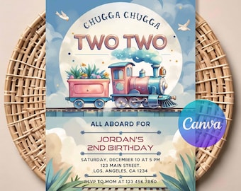 Chugga Chugga Two Two Birthday Invitation, Editable 2nd Birthday Train Party Invite, Printable Boy Train Birthday Digital Invitation