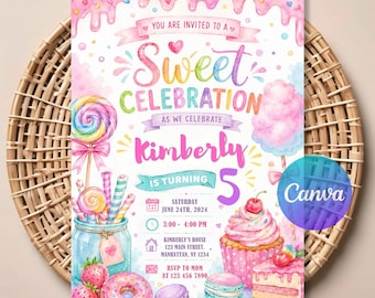 Candy Birthday Invitation – Sweet Treats Candyland Party Digital Invite, Editable Canva Template for Girls, Instant Downloa.