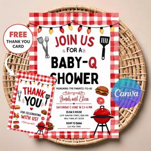 K&ouml;nnte beinhalten: Eine Baby-Q-Dusch-Einladung und eine passende Dankeskarte mit rot-wei&szlig; kariertem Rand, Lichterketten und Grillgrafiken. Der Text lautet JOIN US FOR A BABY-Q SHOWER, zu Ehren von Jonah und Elisa, inklusive der Veranstaltungsdetails.