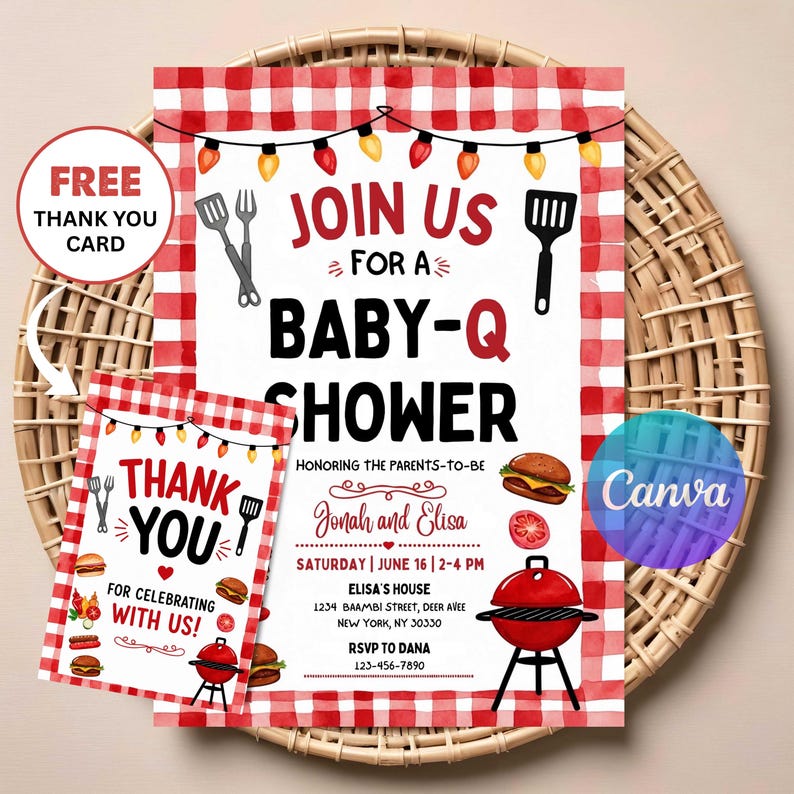 K&ouml;nnte beinhalten: Eine Baby-Q-Dusch-Einladung und eine passende Dankeskarte mit rot-wei&szlig; kariertem Rand, Lichterketten und Grillgrafiken. Der Text lautet JOIN US FOR A BABY-Q SHOWER, zu Ehren von Jonah und Elisa, inklusive der Veranstaltungsdetails.