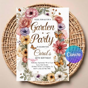Convite de aniversário para festa no jardim | Convite floral editável | Download digital primavera-verão | Festa de meninas para imprimir | Modelo elegante