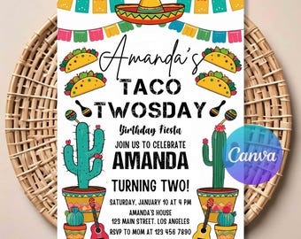 Taco Twosday Birthday Invitation, Mexican Fiesta, Editable Template.