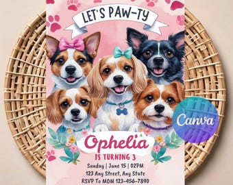 May include: Pink and white birthday party invitation with a paw print design. The invitation features a group of dogs with bows and the text "Let's Paw-ty" and "Ophelia is turning 3".