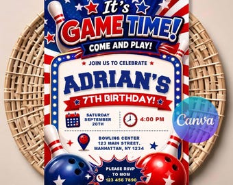 Bowling Birthday Invitation - 4th of July American Flag Strike Party, Red White Blue Editable Canva Template, Instant Downloa.
