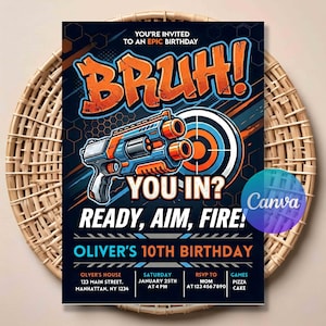 Invitation d'anniversaire de pistolet à fléchettes - Invitation numérique de fête de combat de blaster, modèle de toile modifiable de tout âge, amusement bourré d'action, téléchargement immédiat.