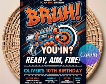 Dart Gun Birthday Invitation – Blaster Fight Party Digital Invite, Any Age Editable Canva Template, Action-Packed Fun.