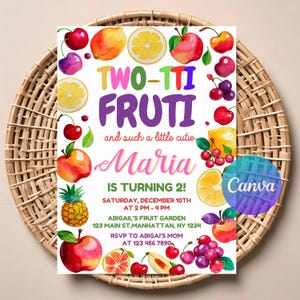 Faire-part pour 2e anniversaire Two-tti Frutti | Téléchargement numérique modifiable | Invitation de fête de fruits tropicaux imprimable | Carte à thème d'été
