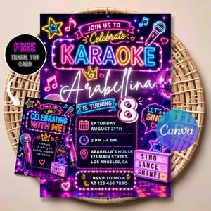 Karaoke-födelsedagsinbjudan – Neonmusikfestinbjudan (Canva-mall)